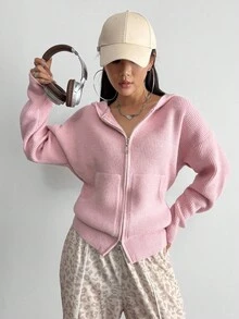 超大休闲宽松双面拉链连帽开衫，时尚宽松百搭针织毛衣外套，适合秋冬 - 粉色 - 查看 6