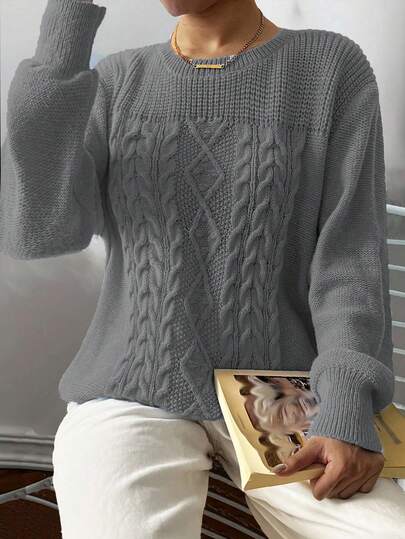 Elenzga Pulover cu mânecă lungă și guler rotund, stil casual, mărime plus, pentru femei, mărime plus