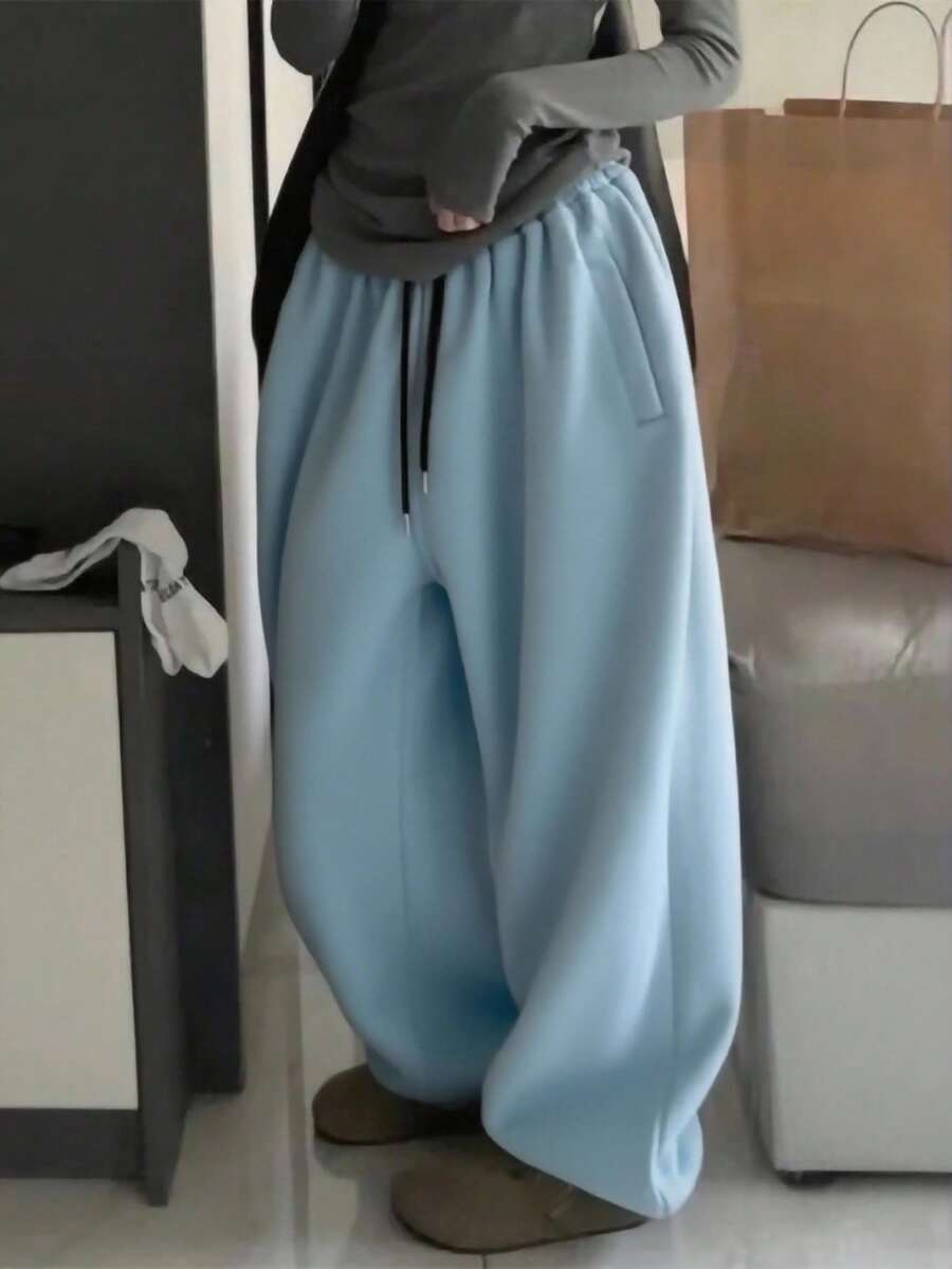 INAWLY 女式蓝色口袋黑色松紧腰宽松抽绳运动裤 - 霧霾藍 - 查看 1