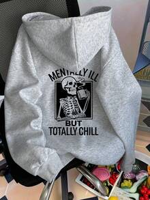 SHEIN Plus Size Women Letter & Skull Print Long Sleeve Casual Sweatshirt, Autumn Fall Cloth For Women Winter