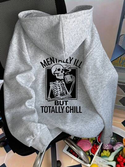 SHEIN Plusstorlek Dambokstäver & Dödskalletryck Långärmad Casual Sweatshirt, Höst Hösttyg För Dam Vinter