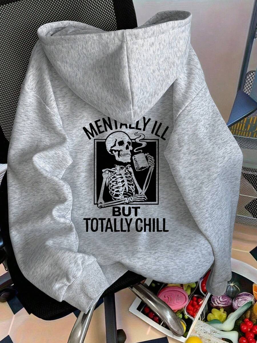 SHEIN Plus Size Women Letter & Skull Print Long Sleeve Casual Sweatshirt, Autumn Fall Cloth For Women Winter