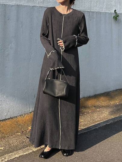 FRIFUL 女式罗纹直筒连衣裙，撞色蕾丝边，加长款，秋季