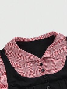 ROMWE Academia Collegiate Style 2 In 1 Black & Gray Plaid Patchwork Short Sleeve Women Shirt - Red - View 3