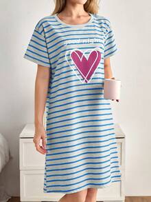 EURMUSE 棉质女士圆领彩色条纹心形印花短袖睡衣裙 - 藍色 - 查看 6