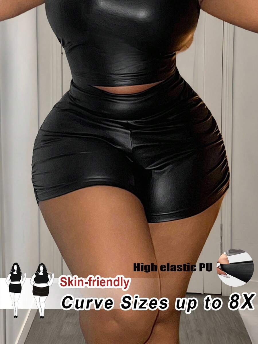 SHEIN CURVE+ 大码女式高腰纯色 PU 皮革褶皱紧身休闲短裤/秋冬 - 黑色 - 查看 1