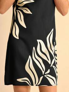 CAJUNI Women's Bohemian Tropical Plant Leaf Print Brown Spaghetti Strap Mini Dress,Graphic