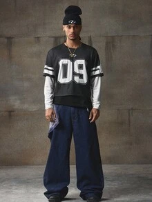 AXEPEAK Jeans casuales anchos y sueltos con bolsillo bordado con cruz para hombres - Azul - Ver 6