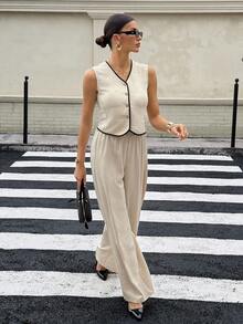 SHEIN Tall 杏色简约优雅休闲通勤办公室服装：无袖女式背心 + 常规褶皱阔腿女式裤、优雅通勤套装、女士沙滩装、女士机场装、度假装、撞色饰边女士教师装 - 杏色 - 查看 4