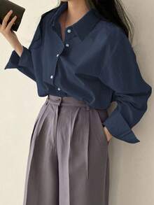 DAZY Solid Drop Shoulder Oversized Shirt,Long Sleeve Tops,Fall Clothes - Blue - View 3