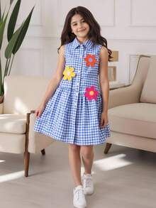 1pc Colorful Floral 3D Decor Gingham Fabric Dress, Sweet And Cute - Blue - View 1