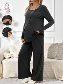 SHEIN 2pcs Maternity Casual Solid Color Long Sleeve Top And Pants Set