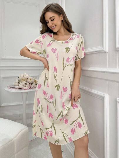 CottageSlumber Textured Fabric Tulip Printed Short Sleeved Pajama Nightdress Holiday Season, Moo view 4