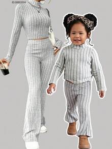 SHEIN 2-Piece Set For Baby Girls, Cute, Versatile, Casual, Warm, Simple Gray Long-Sleeved Turtleneck Top And Elastic Waist Flared Pants Set, Cute Autumn And Winter T-Shirt Set, Cutting-Edge Fashion Design, Can Be Worn Indoors And Outdoors, Versatile Autumn And Winter Warm And Fashionable, Parent-Child Outfit