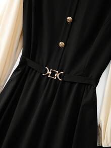 GlowEve CURVE 大码女式 V 领黑色纯色金属纽扣拼接杏色长袖金属扣腰带通勤休闲优雅 A 字连衣裙，秋冬