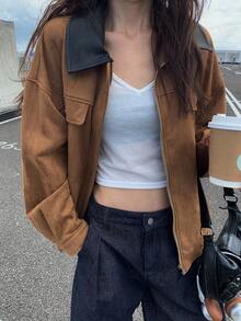 DAZY 女士PU拼接撞色宽松仿麂皮常规款夹克秋冬女装外套 - 棕色 - 查看 6