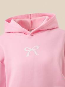 SHEIN Explorewe Girls Sweatshirt Set,Cute Pink Long Sleeve Fleece Hoodie With White Bow Print,Paired With Pleated Skirt,Back-To-School Autumn School Outfit,Winter - Pink - View 3