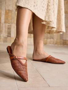 MOTF 女士新款法式时尚镂空编织带扣尖头平底鞋，百搭舒适，时尚轻便，简约高端优雅性感平底鞋 - 棕色 - 查看 8