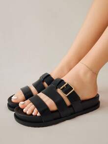 Solecia 2025 Summer New Arrival Women's Fashion H-Shape Black Rivet Platform Soft Bottom Sandals, Closure, Versatile Strap Non-Slip Open Toe Flat Sandals - Black - View 9