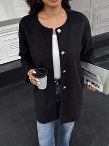 Easura Plus Size Casual Solid Color Jacket, Autumn/Winter Fall Cloth For Women - Black - View 3