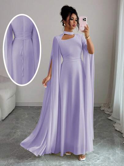 Elenzga 女士优雅法式浪漫度假风沙滩裙，雪纺透明面料，镂空领口，后背交叉系带，喇叭长裙，长袖，开衩袖口，适合下午茶、派对、中东风格、春夏季