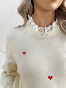 SHEIN 女士心形印花刺绣蕾丝边孕妇长袖毛衣 - 米色 - 查看 3