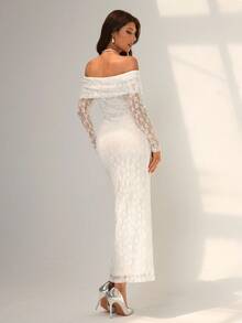 Almamuse 女士优雅露肩长袖蕾丝紧身连衣裙 - 白色 - 查看 2