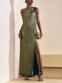 Zivah 2025秋季新款优雅派对优雅约会毕业季生日派对连衣裙聚会结婚季宴会性感宽松无袖一字肩单边高开衩亮面面料褶皱女长款绿色连衣裙-A - 綠色 - 查看 4