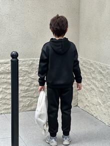 SHEIN Mirajuku 2 Pieces Set Tween Boy Casual Hooded Sweatshirt And Sweatpants, Fall/Winter, School, Campus, College - Black - View 2