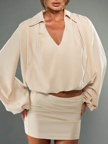 MISSGUIDED Oversized Satin Blouse With Puff Sleeves And V Neck For Spring Summer Fall Office Business Casual Elegant - Khaki - View 4