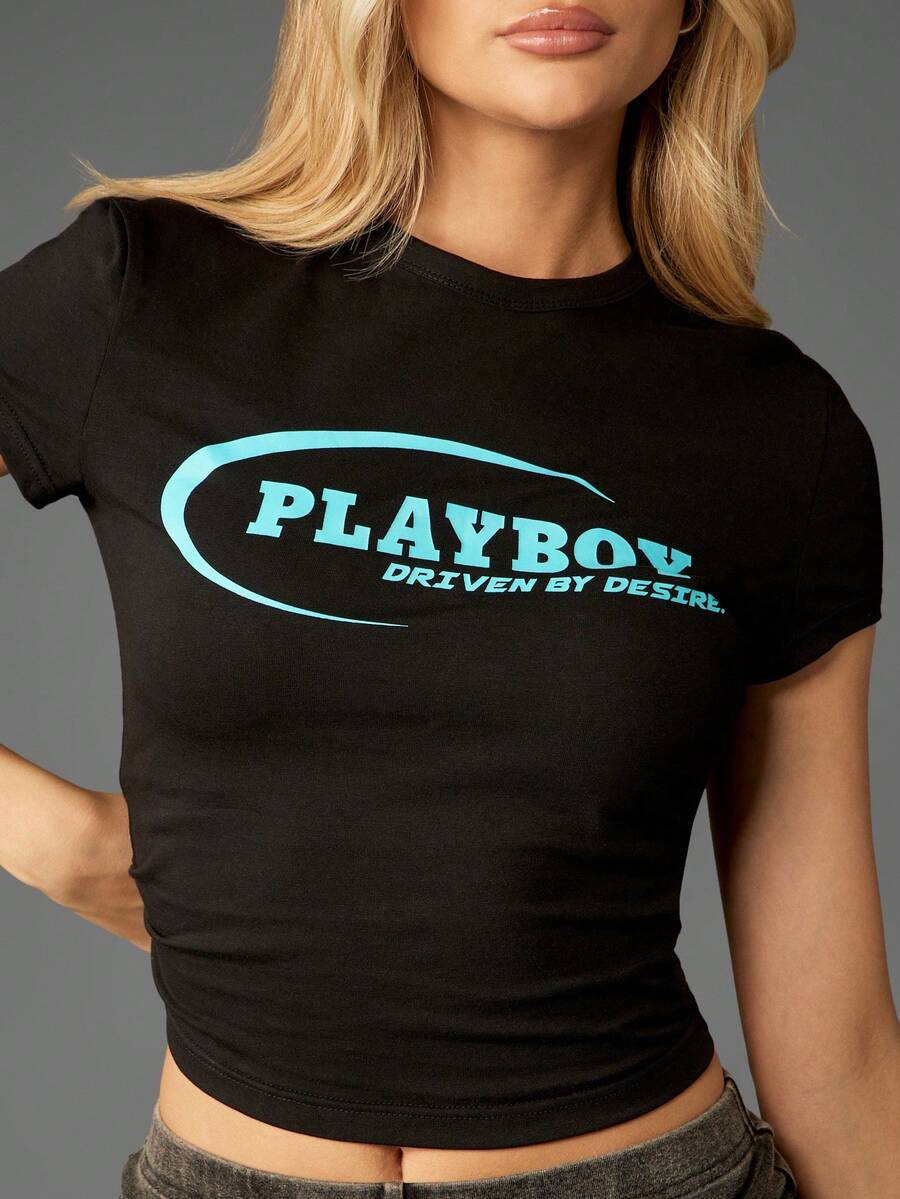 Missguided x Playboy 棉质徽标婴儿短袖短款上衣，带绿松石印花 - 黑色 - 查看 1