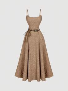 SHEIN MOD Women's Light Brown Extra Long Dress With Belt,Autumn/Winter, Women's Clothes,Thanksgiving,Jacquard Lace,Western Wear Women,Western Outfit,Boho Chic,Brown,Casual Dress For Women,