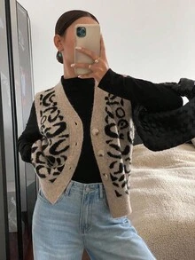 Siren Gaze Damen Strickweste mit Leoparden-Muster und V-Ausschnitt, Knopfleiste, Herbst/Winter