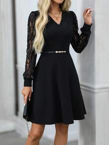 EMERY ROSE 女式 V 领撞色蕾丝长袖优雅迷你连衣裙 - 黑色 - 查看 5