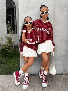 SHEIN Tween Mädchen Lässige Alltags Streetfashion Set aus burgunderrotem Sweatshirt mit Langarm und Blumen-Peplum-Rock