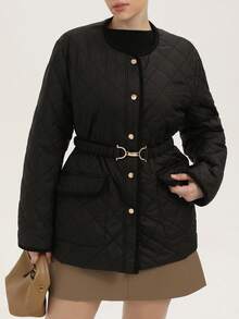 Chiquease Áo khoác đệm nhung kẻ chần bông hình thoi cỡ lớn cho nữ cỡ lớn - màu đen - Xem 1