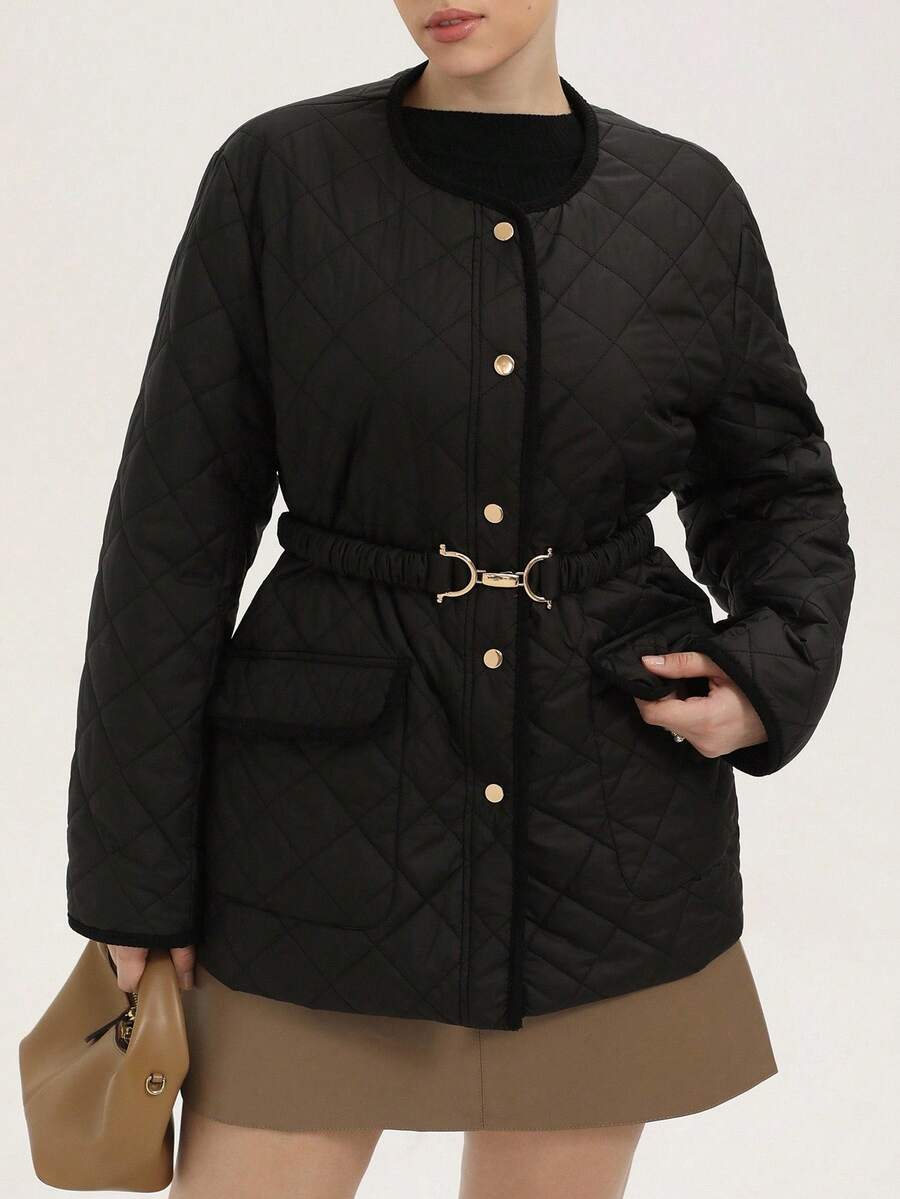 Chiquease Áo khoác đệm nhung kẻ chần bông hình thoi cỡ lớn cho nữ cỡ lớn - màu đen - Xem 1