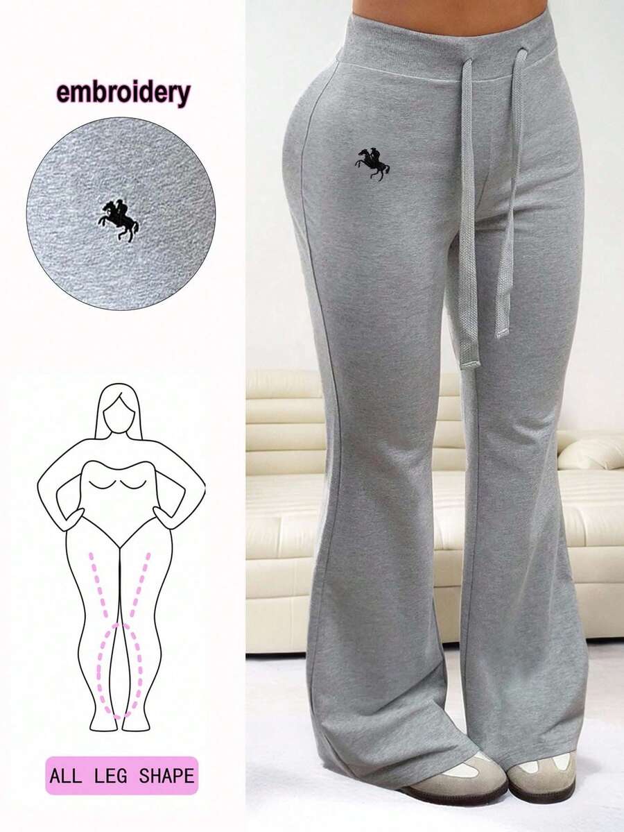 Solflare 大码女式骑士印花抽绳腰喇叭休闲裤 - 灰色 - 查看 1