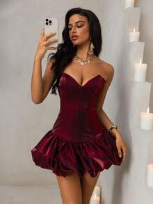 Vowa Women's Fashion, Sexy, Avant-Garde, Mesh, Shiny, Dark Red Sequin Satin Peplum Hem Bandeau Dress, Suitable For Nightclub, Party, Beach, Vacation, Cocktail Party