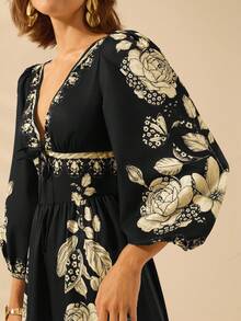 CAJUNI 女士热带花卉印花V领长袖露背长裙，度假风格 - 黑色 - 查看 6