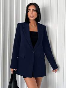 SHEIN Tall Women's The BossMode Blazer – Sharp Lines, Luxe Layers & That Effortless It-Girl Power, Elegant, Tall, Casual, Jacket - Navy Blue - View 3