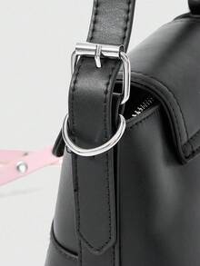 ROMWE Kawaii Túi xách nữ thời trang phong cách Y2K, chất liệu PU màu đen, điểm nhấn là nơ hồng, khóa kim loại hình mắt khí, khóa kéo trang trí, dây đeo vai điều chỉnh được. Túi có dây đeo vai điều chỉnh được, kiểu dáng xô, cá tính, ngọt ngào và sành điệu. - màu đen - Xem 5