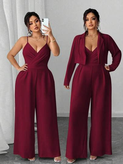 Elenzga Conjunto de 2 piezas de talla grande para mujer: Chaqueta tipo blazer elegante y minimalista para ir a la oficina, y mono sin mangas con cintura ceñida y pierna ancha