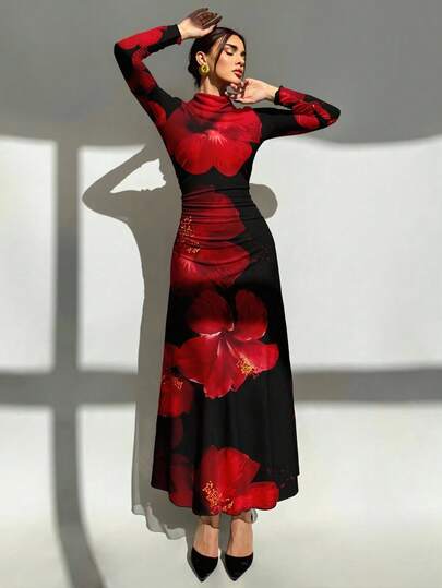 Aloruh Nuevo vestido maxi elegante de manga larga con estampado floral de teñido anudado en base negra, adecuado para gala de noche, cita, uso diario, vestido de otoño, otoño tranquilo, vestido de Navidad, vestido de fiesta de Navidad