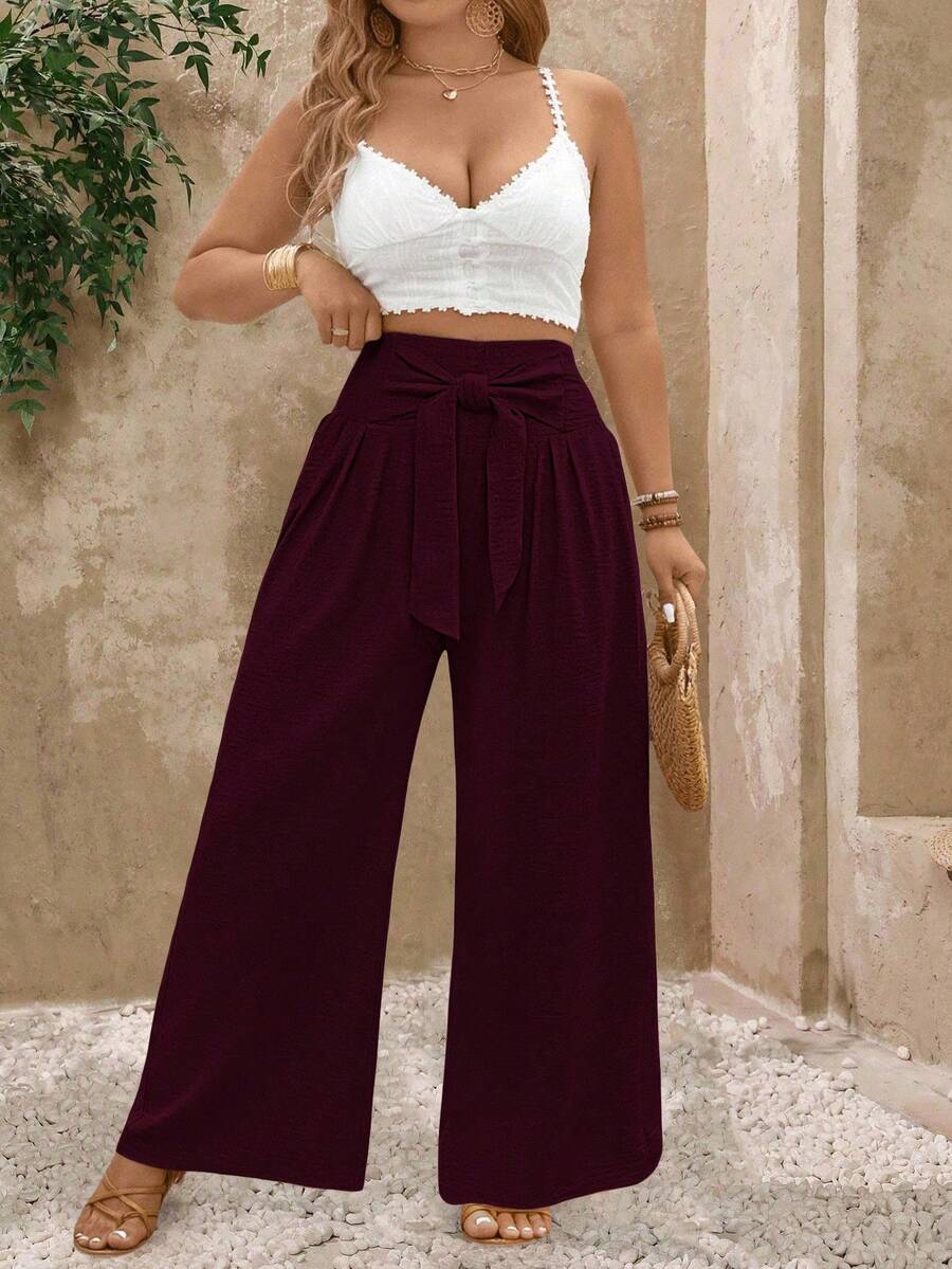 SHEIN PETITE 大码女式休闲直筒裤，前腰系带 - 紅色 - 查看 1