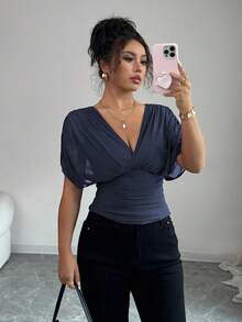 Elenzga Women's Spring/Summer Mesh Elastic Knit Lining Elegant Vacation Beach Commute Casual French Romantic Crossover Shirred Gathered Shoulder Sleeve Waist Ruched Drawstring Ruffle Hem T-Shirt Blouse