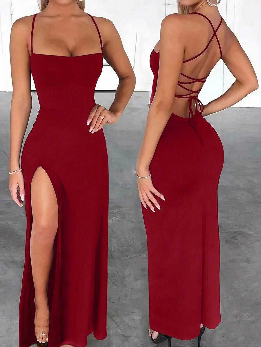 Zyxie 女士修身性感高开叉交叉带系带长裙 - 酒紅色 - 查看 1