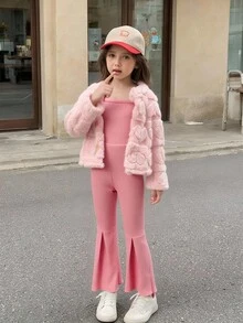 Young Girls T-Shirt Set - Pearl Black Pants & White T-Shirt Fall Winter - Pink - View 4