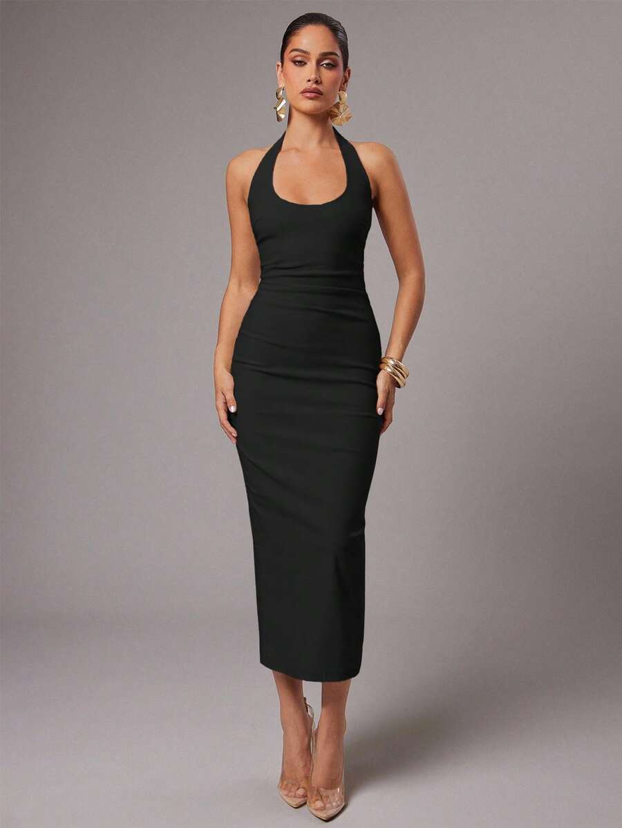 Silquee Women's Solid White Halter Backless Dress, Spring/Summer,Wedding Guest Dress Women - Black - View 1