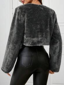 SHEIN Clasi 秋冬女士优雅简约人造毛皮夹克 - 深灰色 - 查看 2